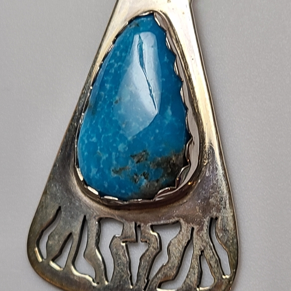 Vintage Turquoise Sterling Silver Pendant HUGE Navajo NA cut Out Design Estate - Picture 2 of 6